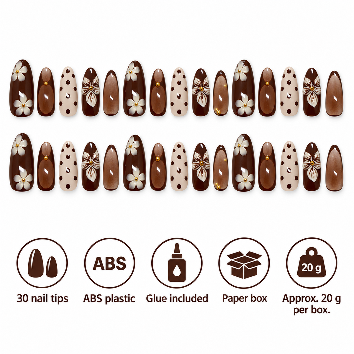 Mocha Cream Floral Gold Bead Press On Nail Set