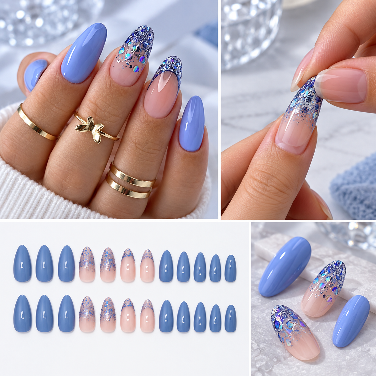 Lake Blue Glitter Almond Press On Nail Set