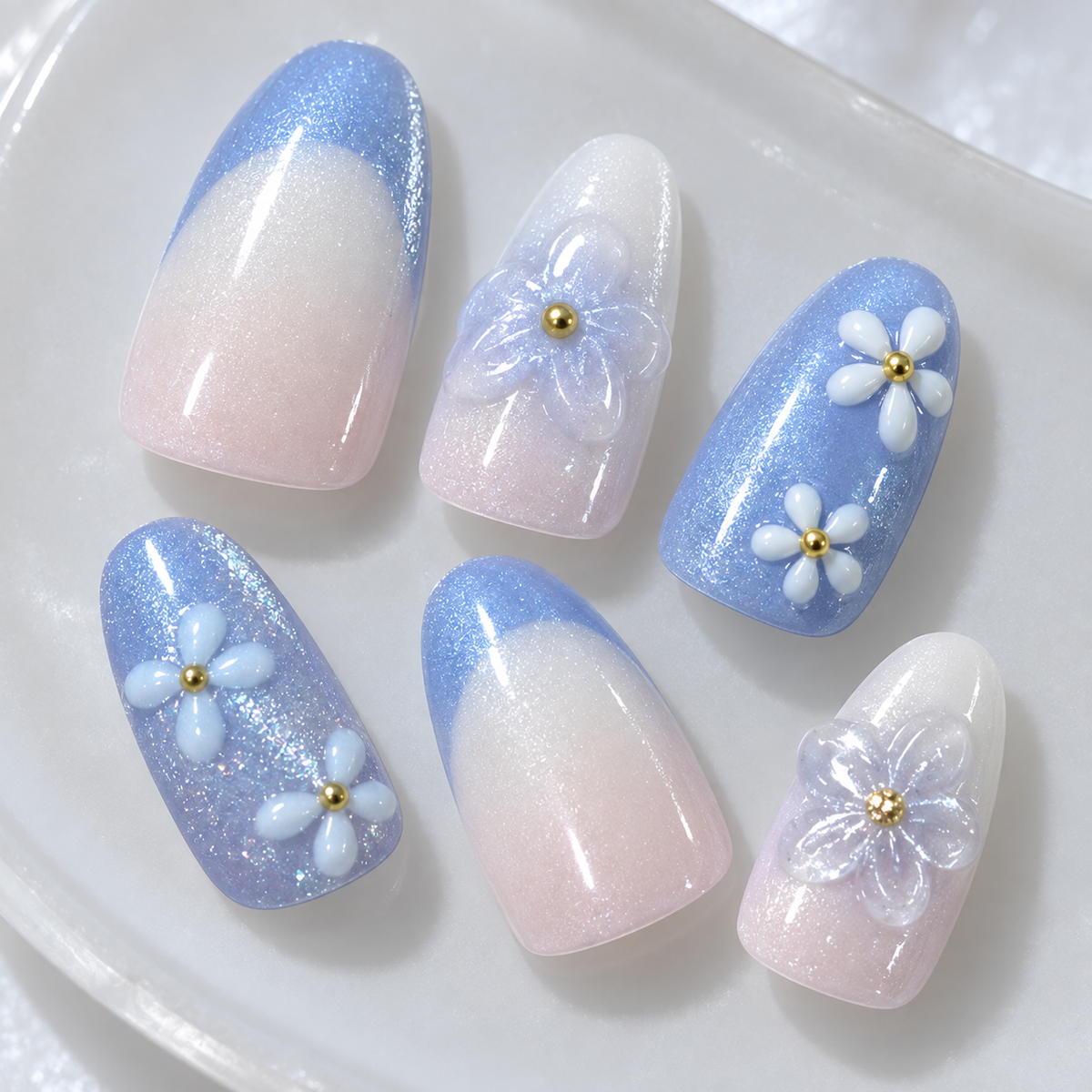 Romantic Flower Sea Icy Blue Cat Eye Press On Nail Set