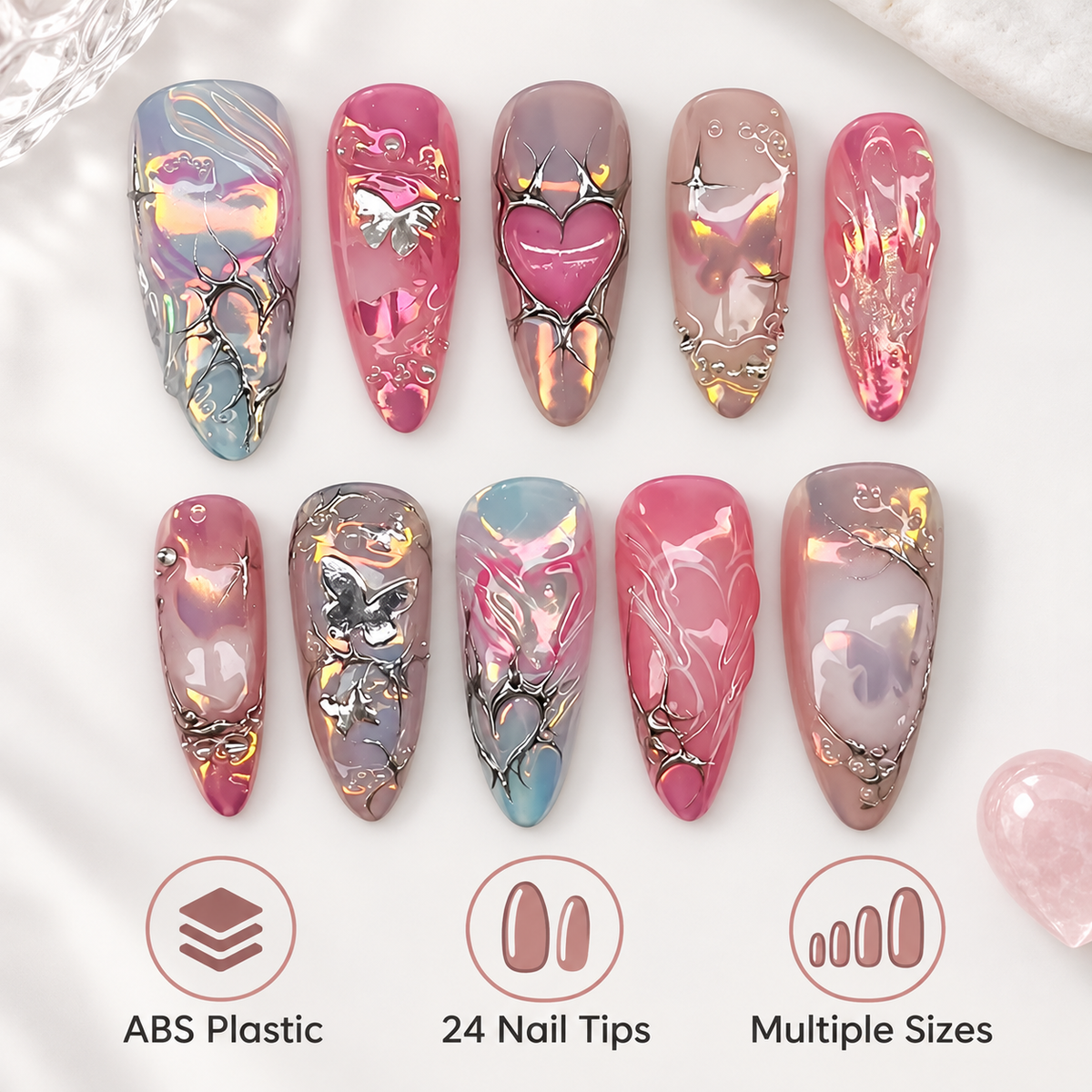 Silver Heart Gradient Metallic Press On Nails - image 7