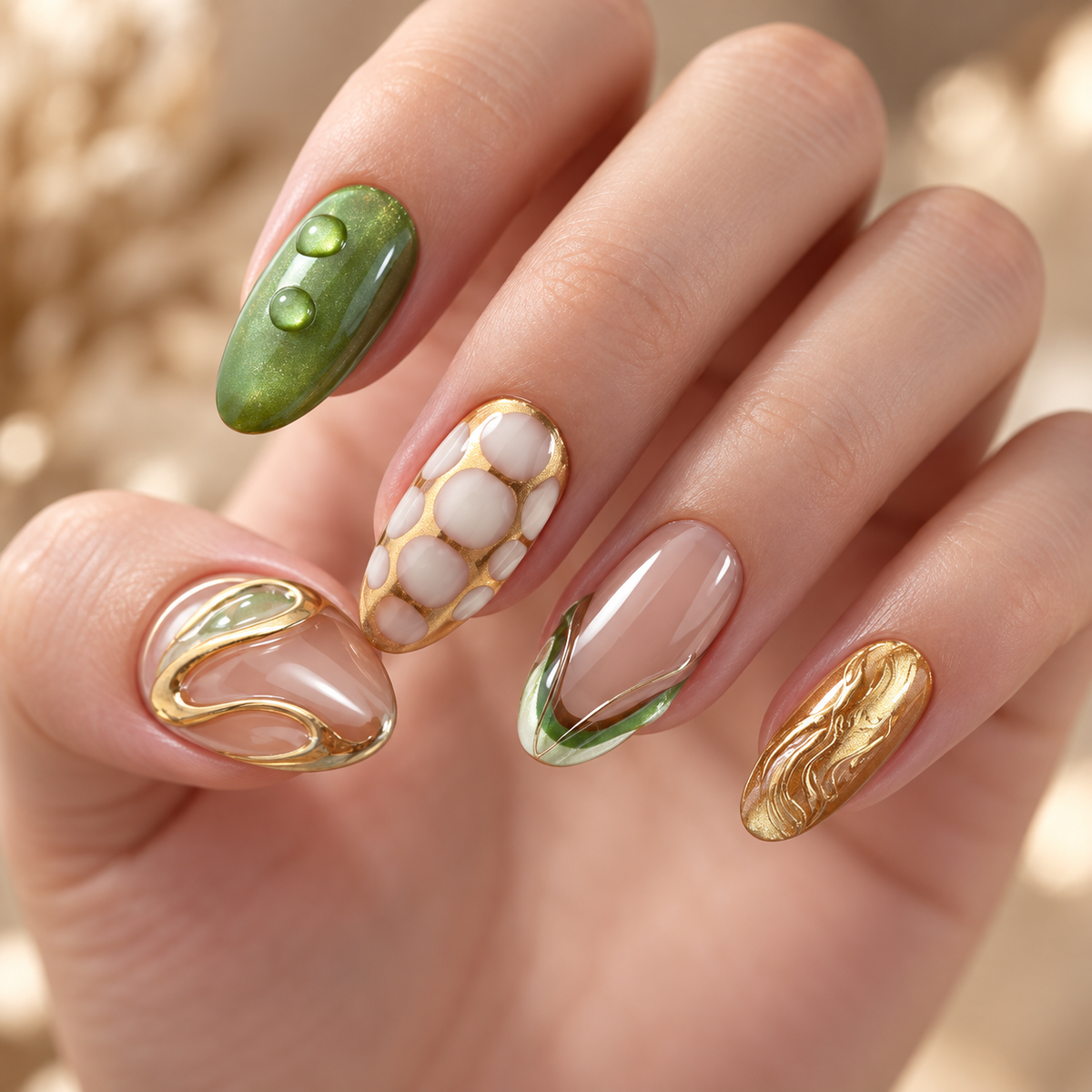 Gilded Emerald Cat Eye Press On Nail Set 4