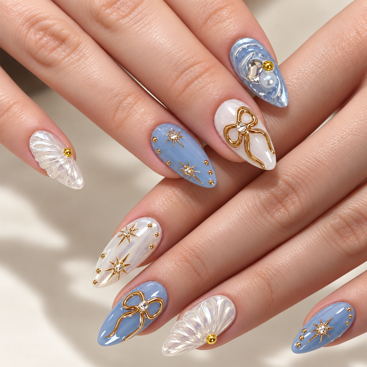 Ocean Blue Gold Accent Press On Nails - image 1