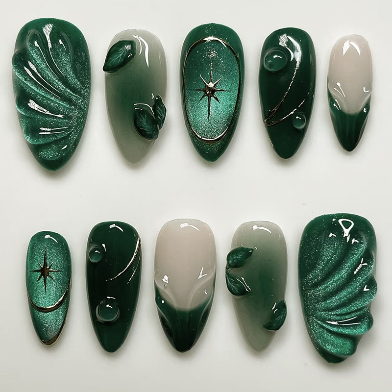 Green Ripple French Cat Eye Press On Nails 24 Piece Set - replacement image 1