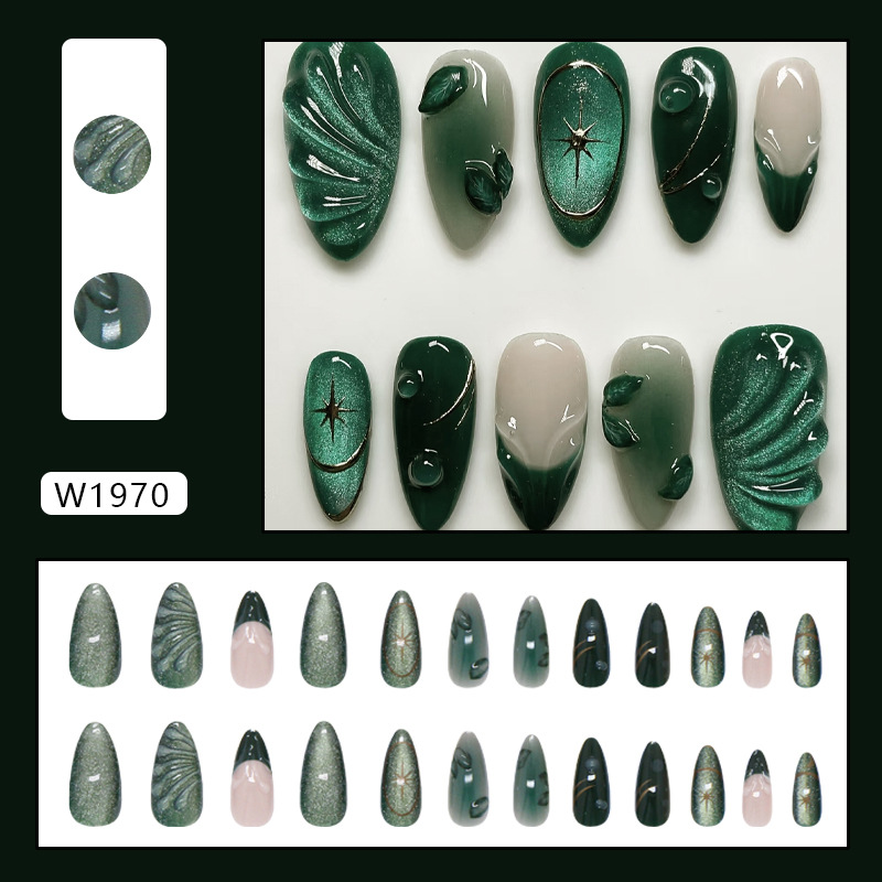 Green Ripple French Cat Eye Press On Nails 24 Piece Set - image 6
