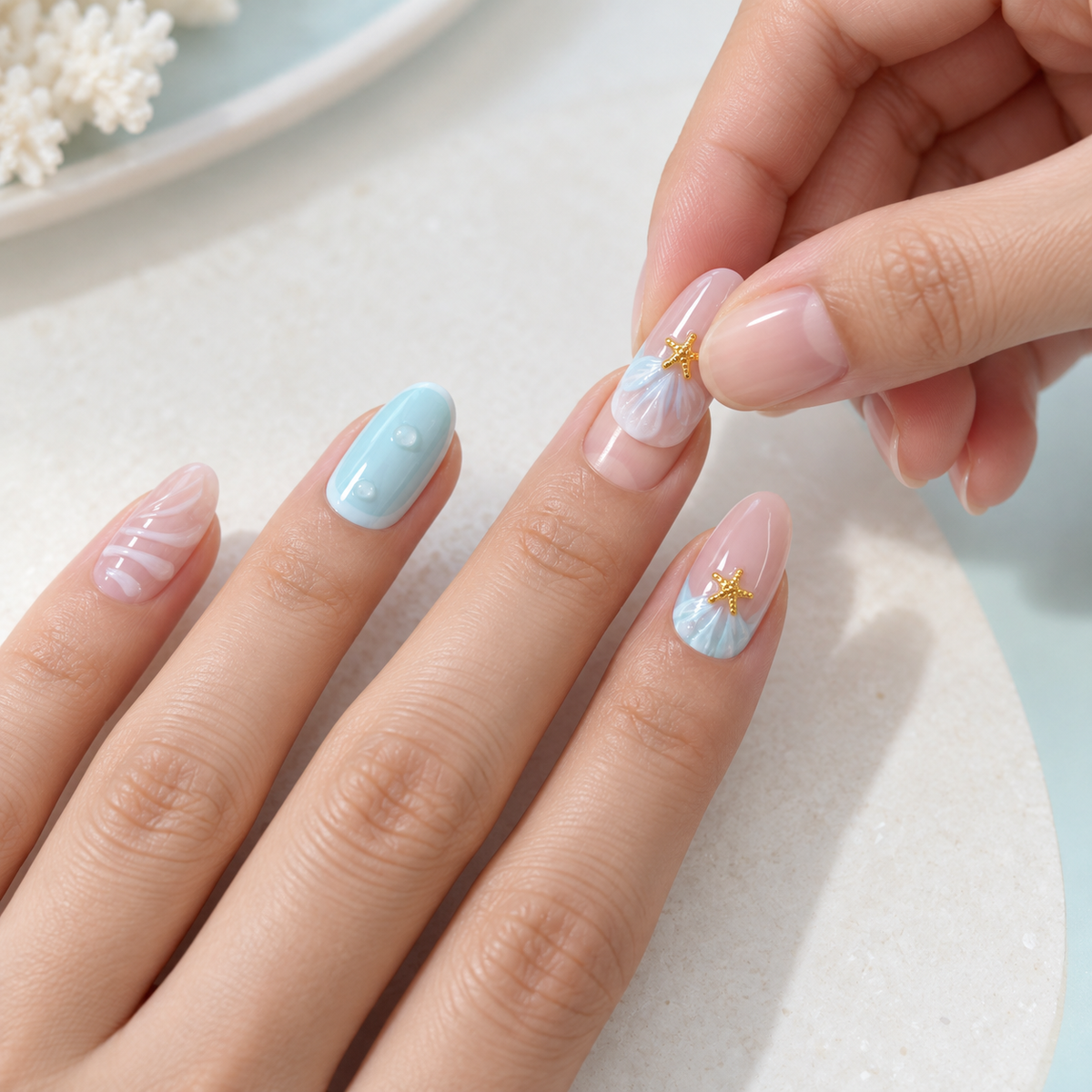 Blue Island Floral Starfish Press On Nail Set