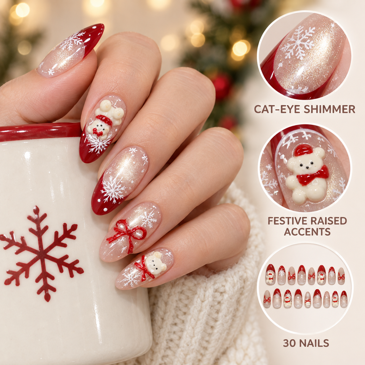 Milky Apricot Christmas Bear Press On Nail Set