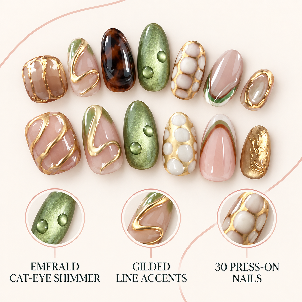 Gilded Emerald Cat Eye Press On Nail Set 7
