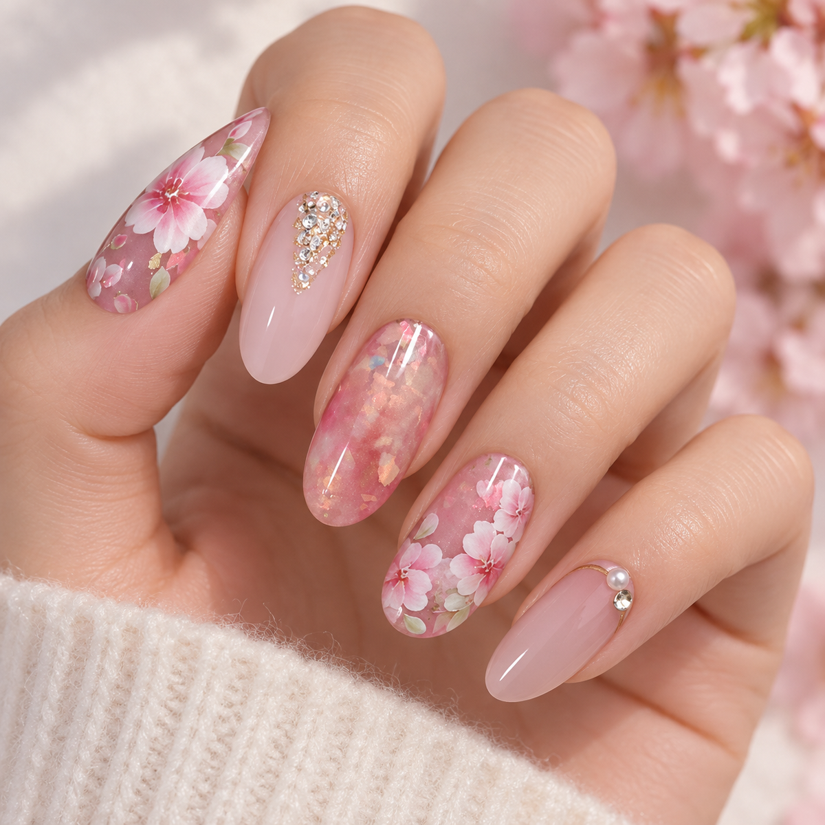 Peach Blossom Cat Eye Rhinestone Press On Nail Set