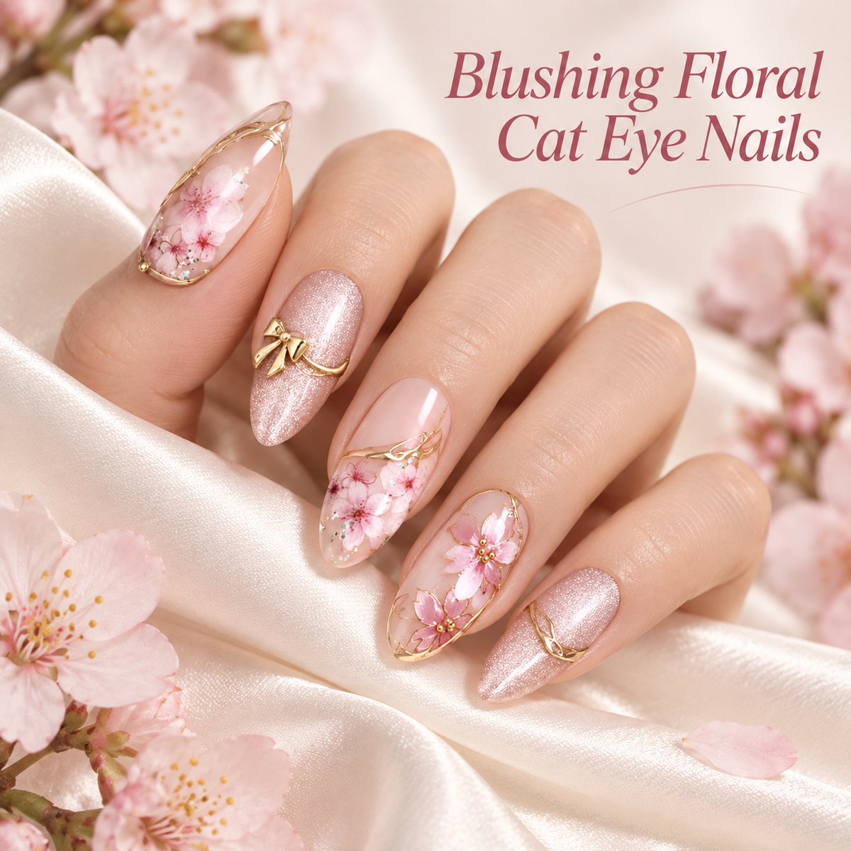 Cat Eye Gold Floral Almond Press On Nails - replacement image 1