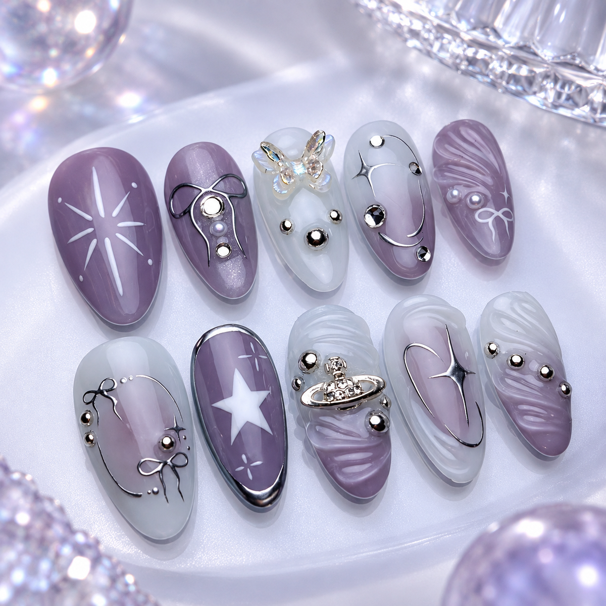 Cosmic Purple Rhinestone Bow Press On Nail Set