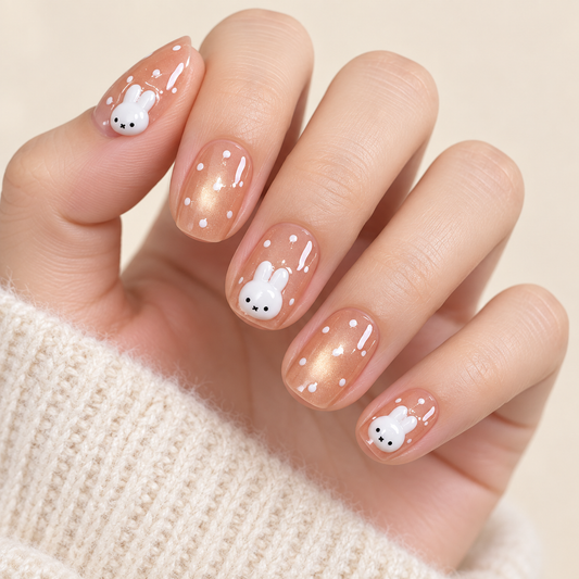 Creamy Bunny Polka Dot Cat Eye Press On Nail Set