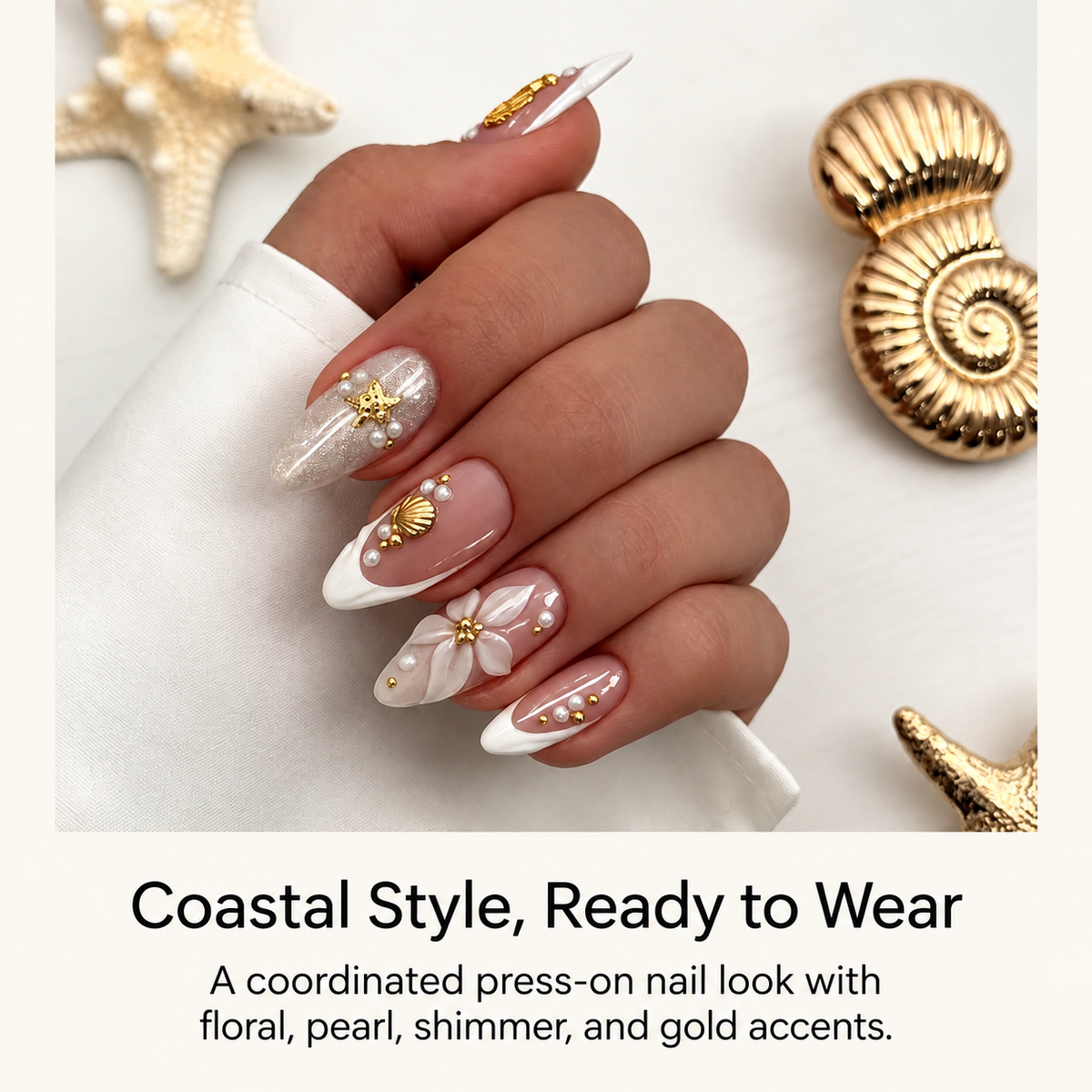 Ocean Wave Floral Shell Press On Nails - image 7