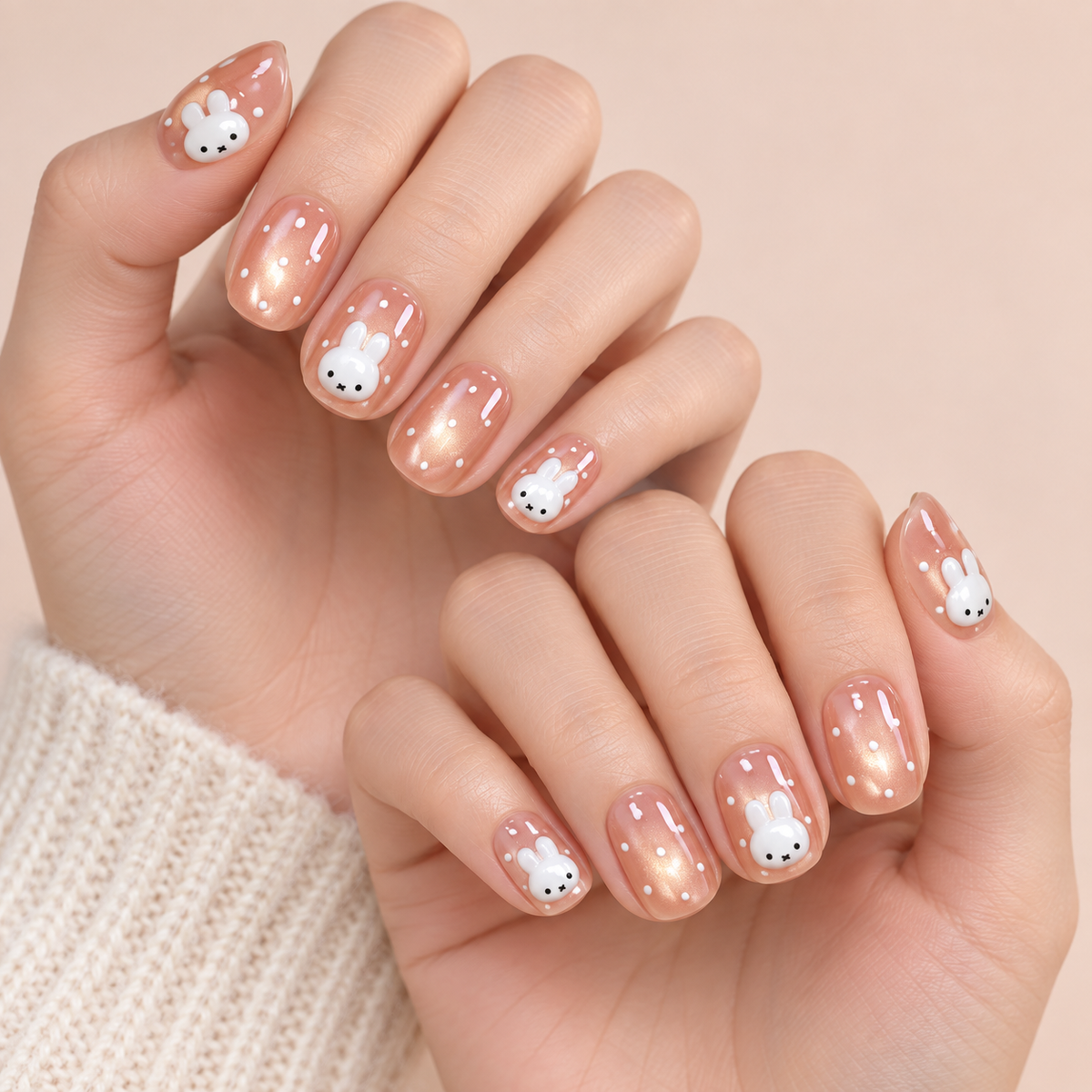 Creamy Bunny Polka Dot Cat Eye Press On Nail Set
