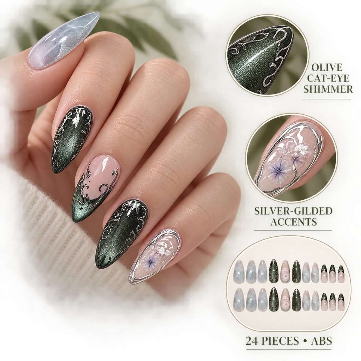 Olive Green Peach Tea Cat Eye Press On Nail Set