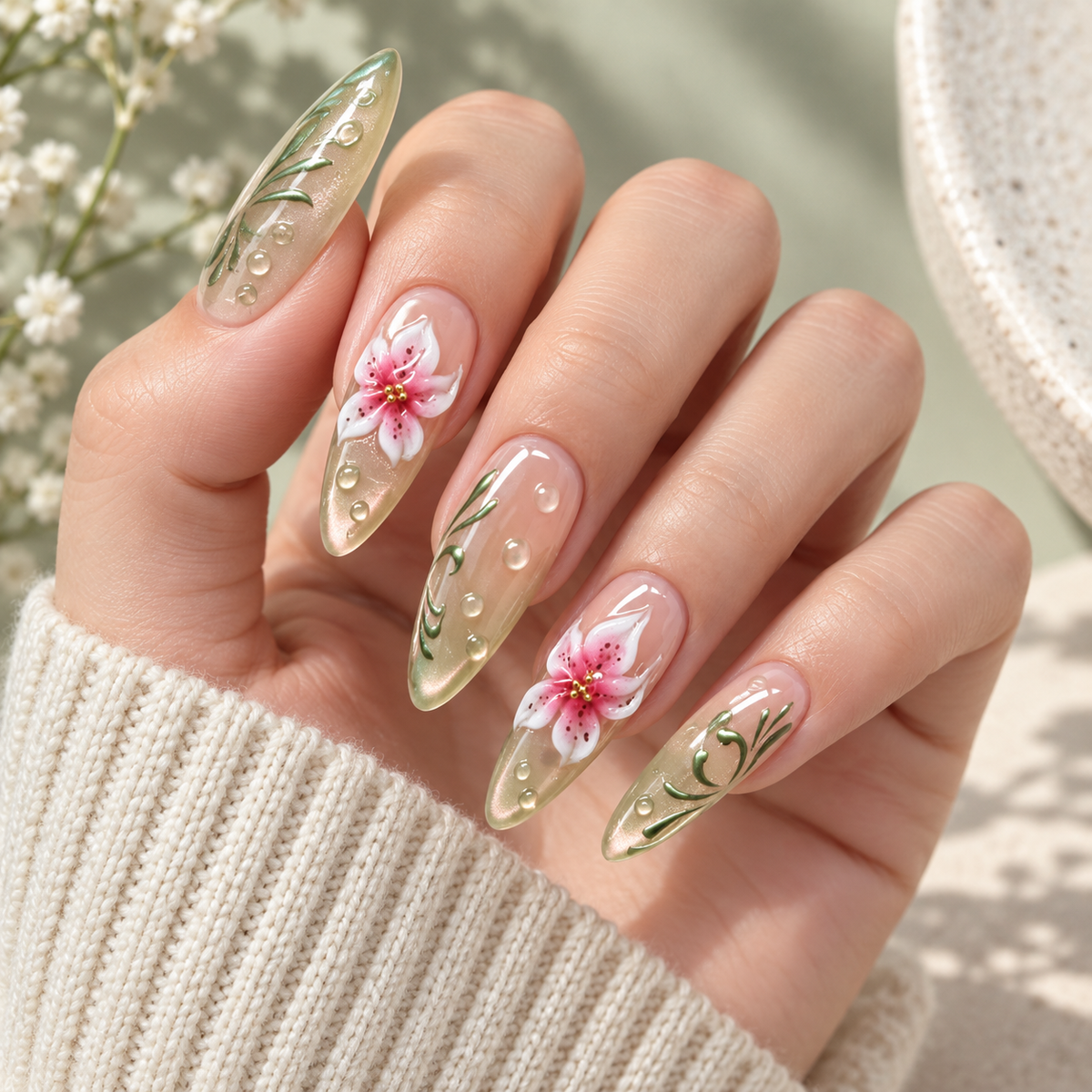 Iced Grape Cat Eye Floral Press On Nail Set