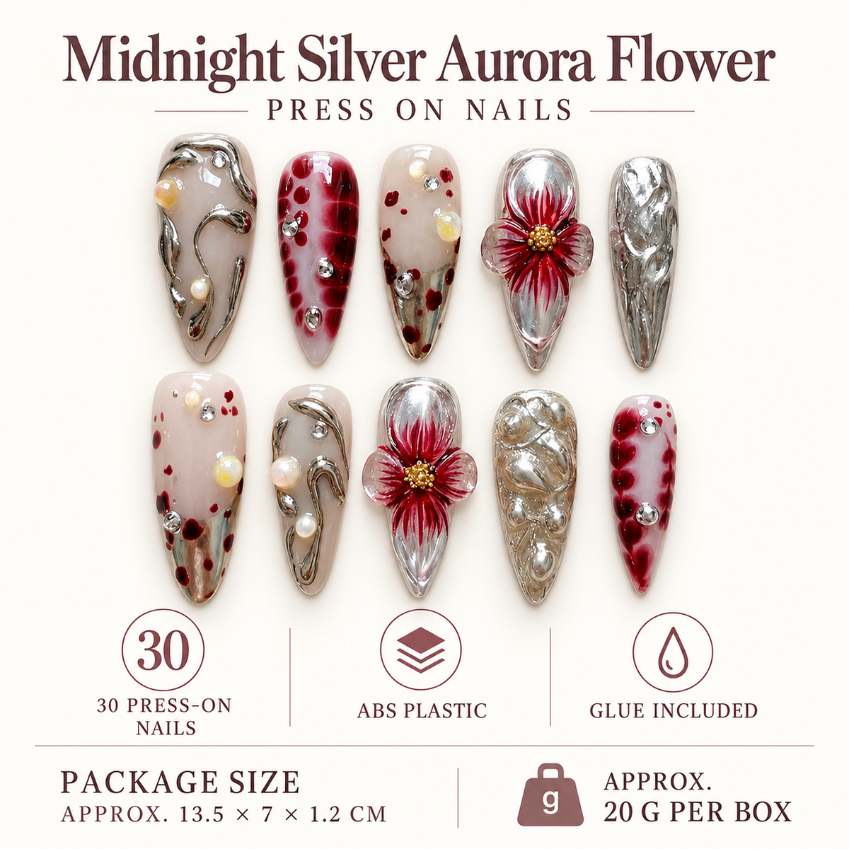 Midnight Silver Aurora Floral Press On Nail Set