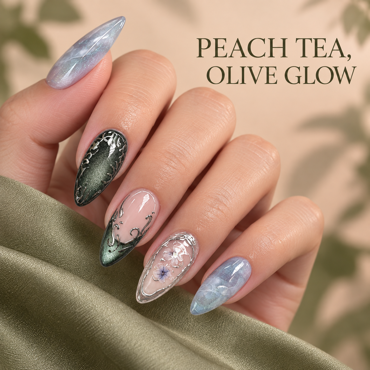 Olive Green Peach Tea Cat Eye Press On Nail Set