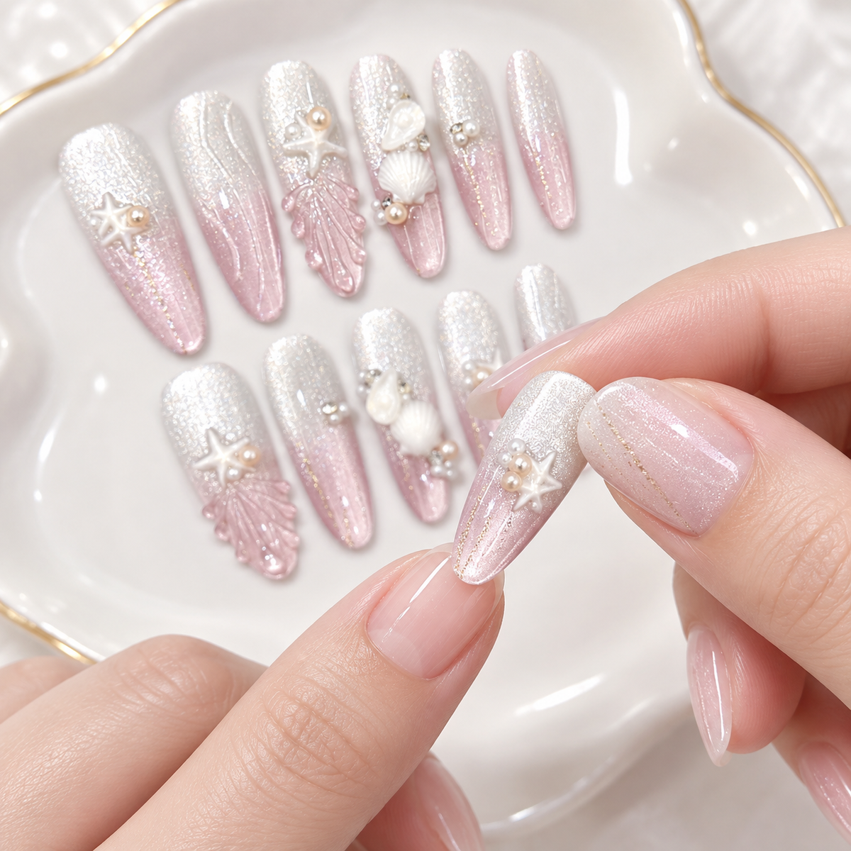 Icy Pink Seashell Cat Eye Press On Nail Set