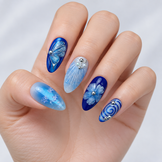 Deep Blue Floral Butterfly Pearl Press On Nail Set