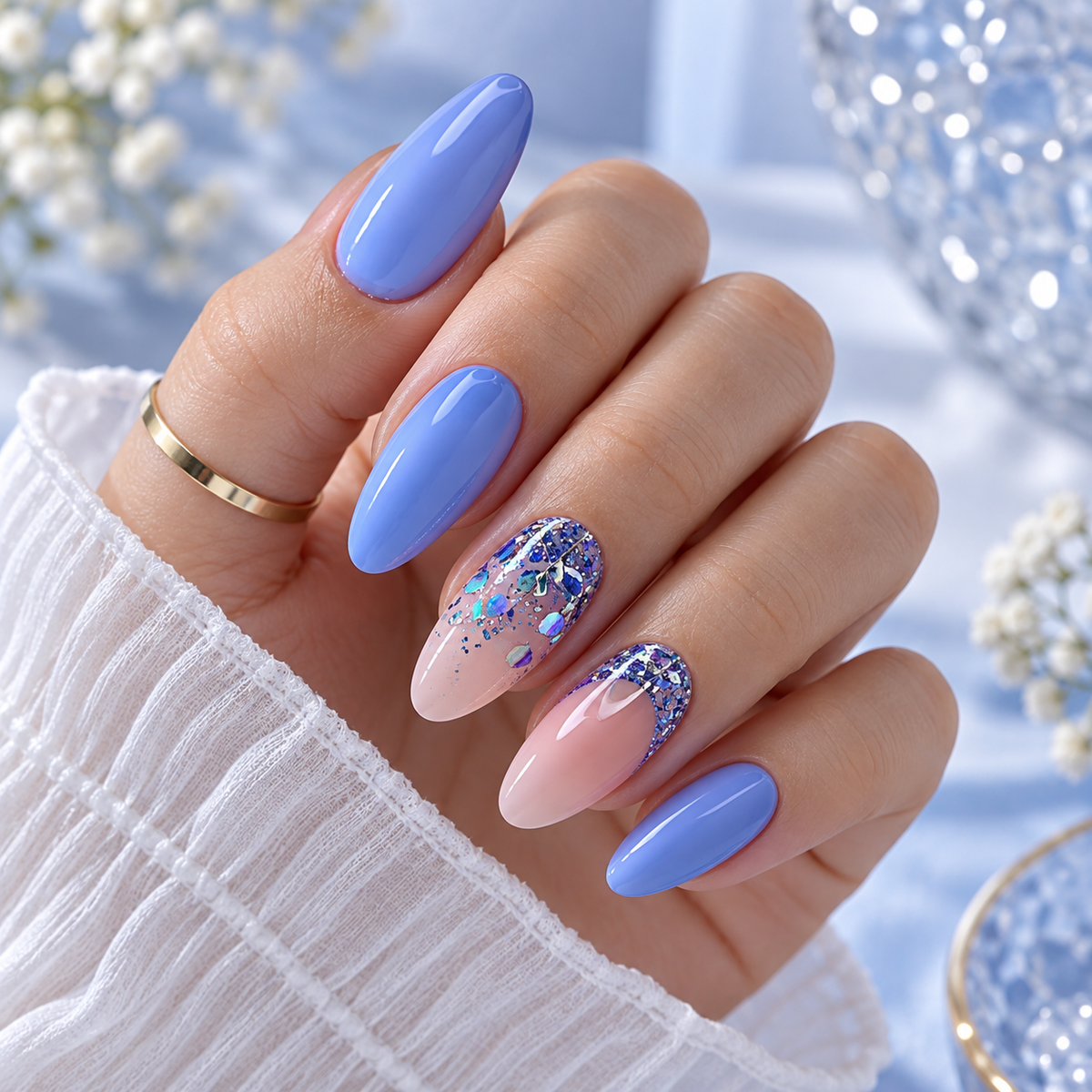 Lake Blue Glitter Almond Press On Nail Set