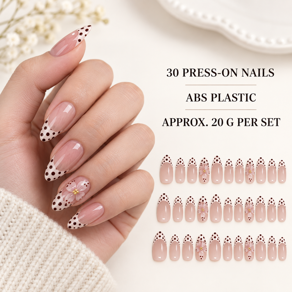 Matcha Polka Dot Floral Press On Nail Set