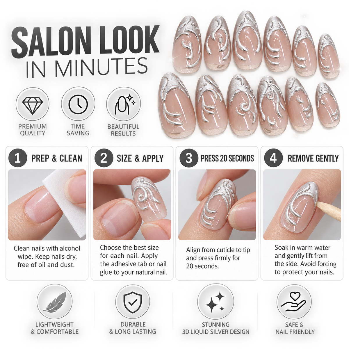 Liquid Silver Sculpted Press On Nails - image 7
