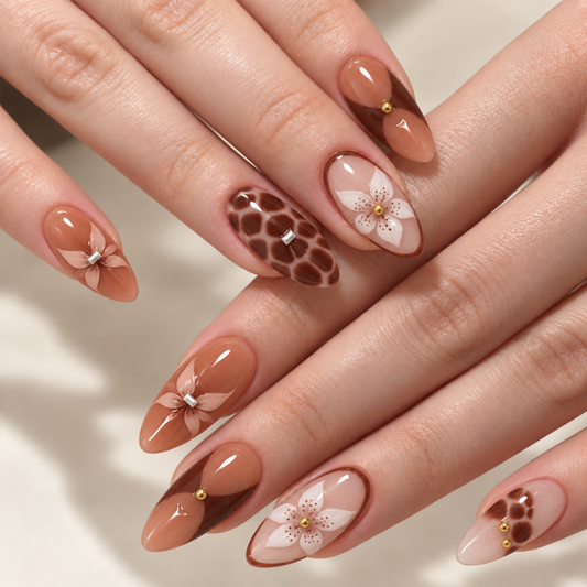 Vintage Brown Lily Almond Press On Nails - image 1
