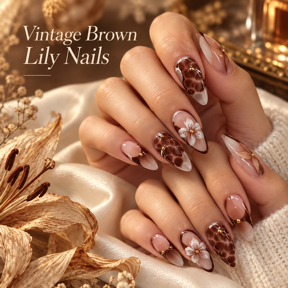 Vintage Brown Lily Almond Press On Nails - image 3