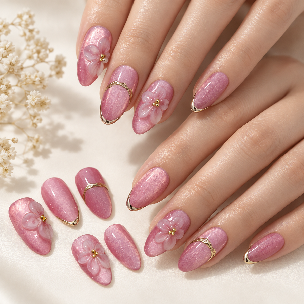 Pink Purple Gilded Floral Cat Eye Press On Nail Set