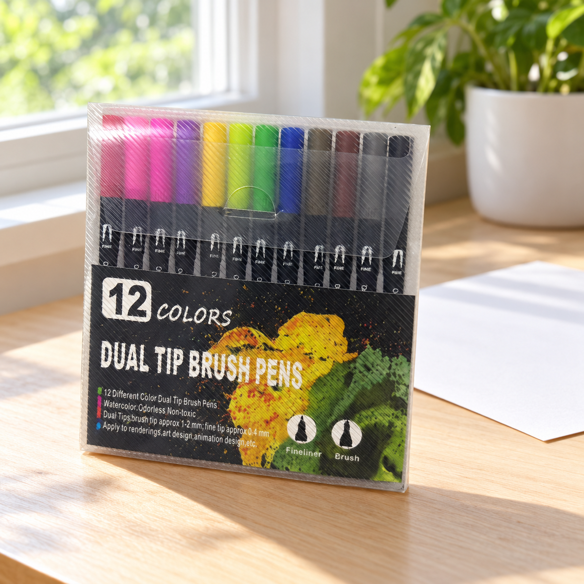 Dual-Tip Brush Pen Set, 12 Colours – Black Barrels 2