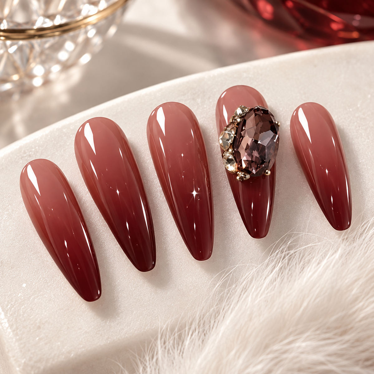 Dark Red Ruby Ombre Rhinestone Press On Nail Set