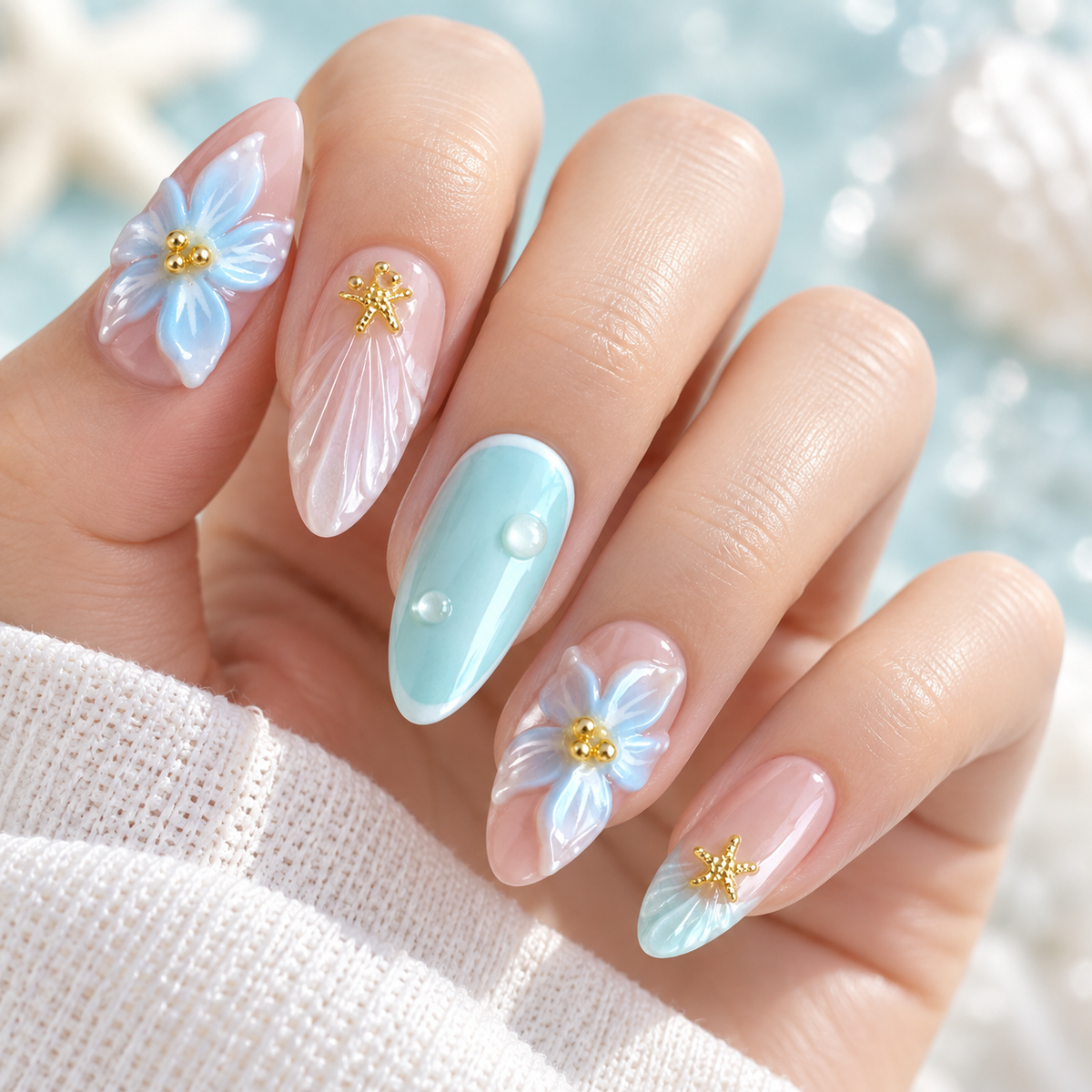 Blue Island Floral Starfish Press On Nail Set