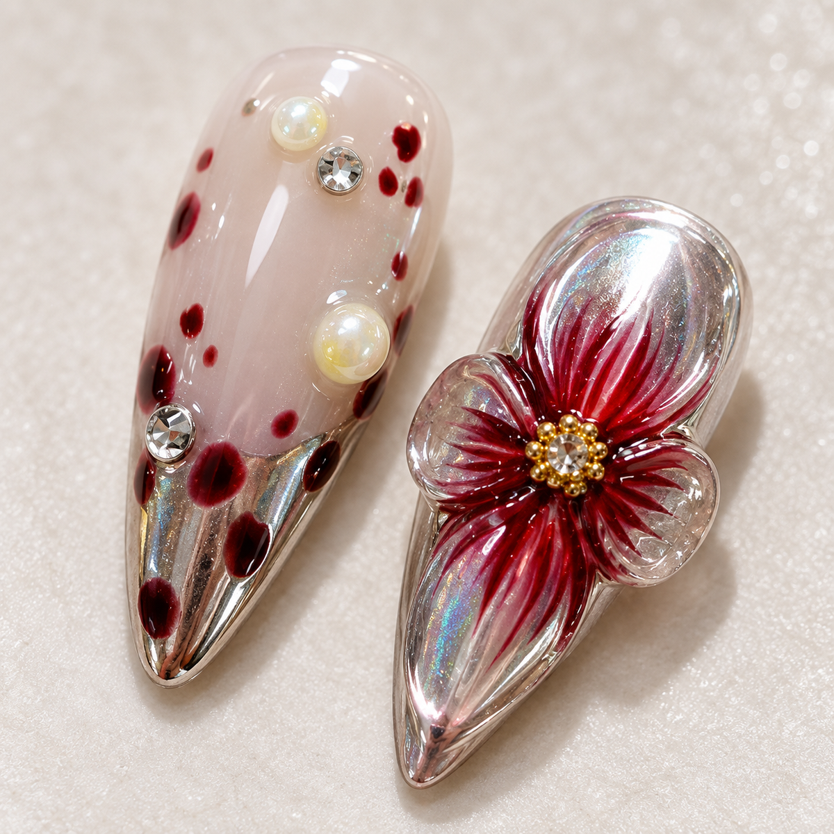 Midnight Silver Aurora Floral Press On Nail Set
