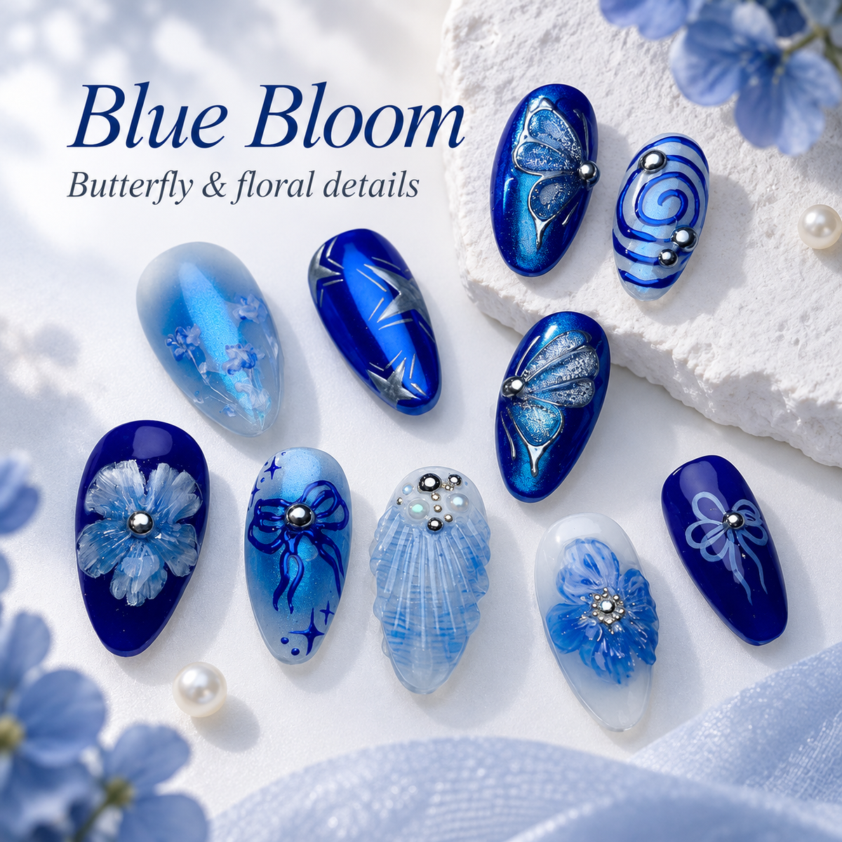Deep Blue Floral Butterfly Pearl Press On Nail Set