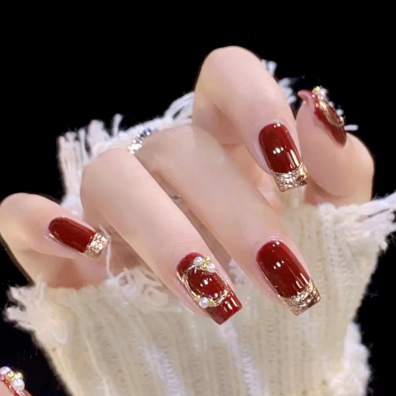 Wine Red Crystal New Year Press On Nails 24 Piece Set - image 4