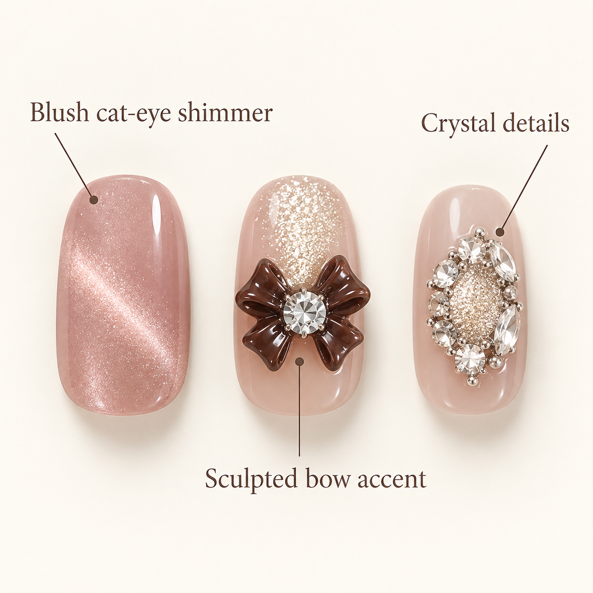 Blush Cat Eye Bow Crystal Press On Nail Set
