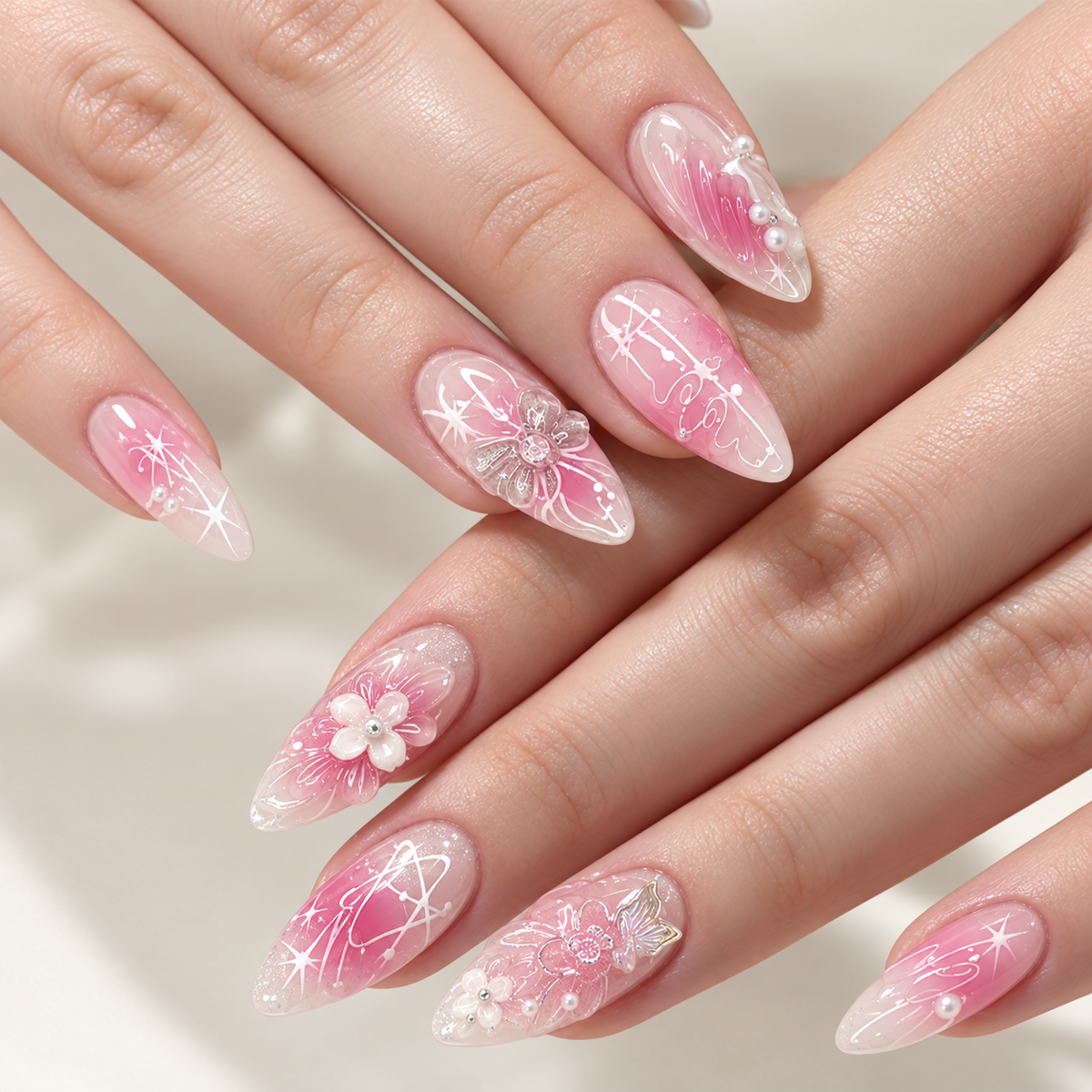Pink Aurora Floral Press On Nails 24 Piece Set - replacement image 1
