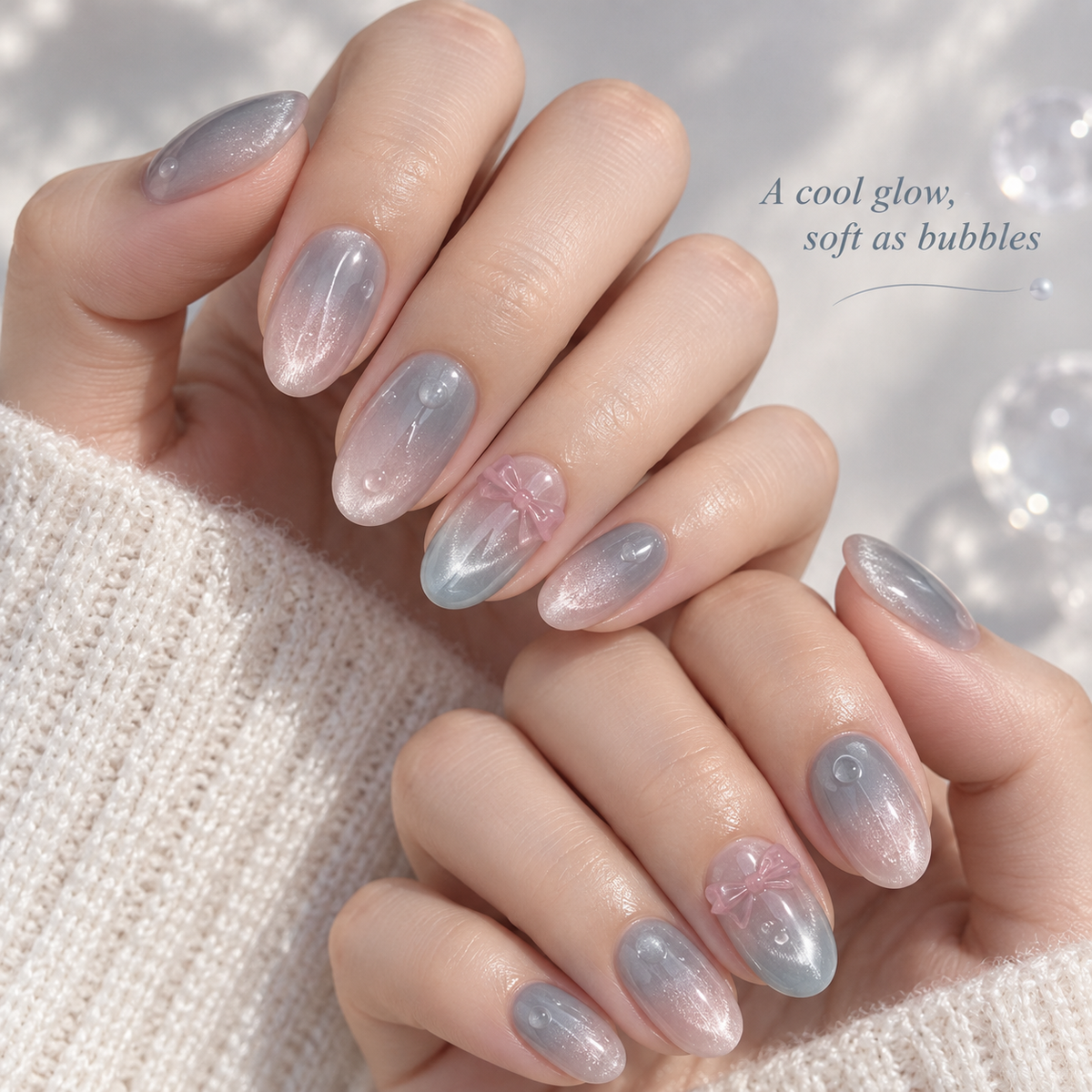 Icy Blue Cat Eye Bubble Bow Press On Nail Set
