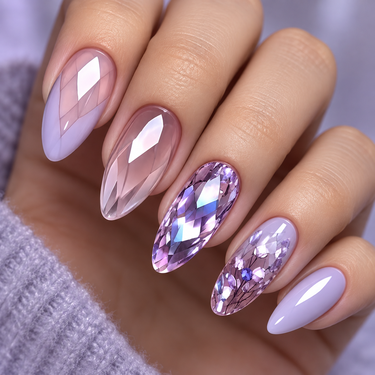 Lavender Crystal Irregular Long Press On Nail Set