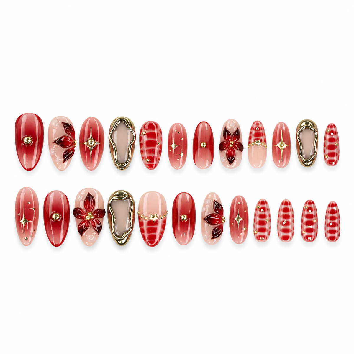 Crimson Camellia Gold Bead Press On Nail Set