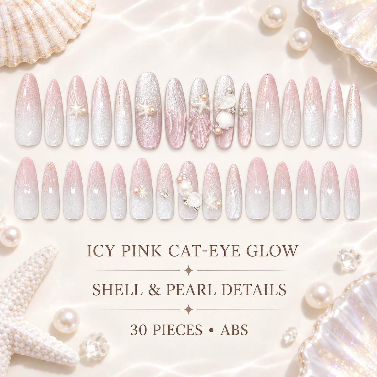 Icy Pink Seashell Cat Eye Press On Nail Set