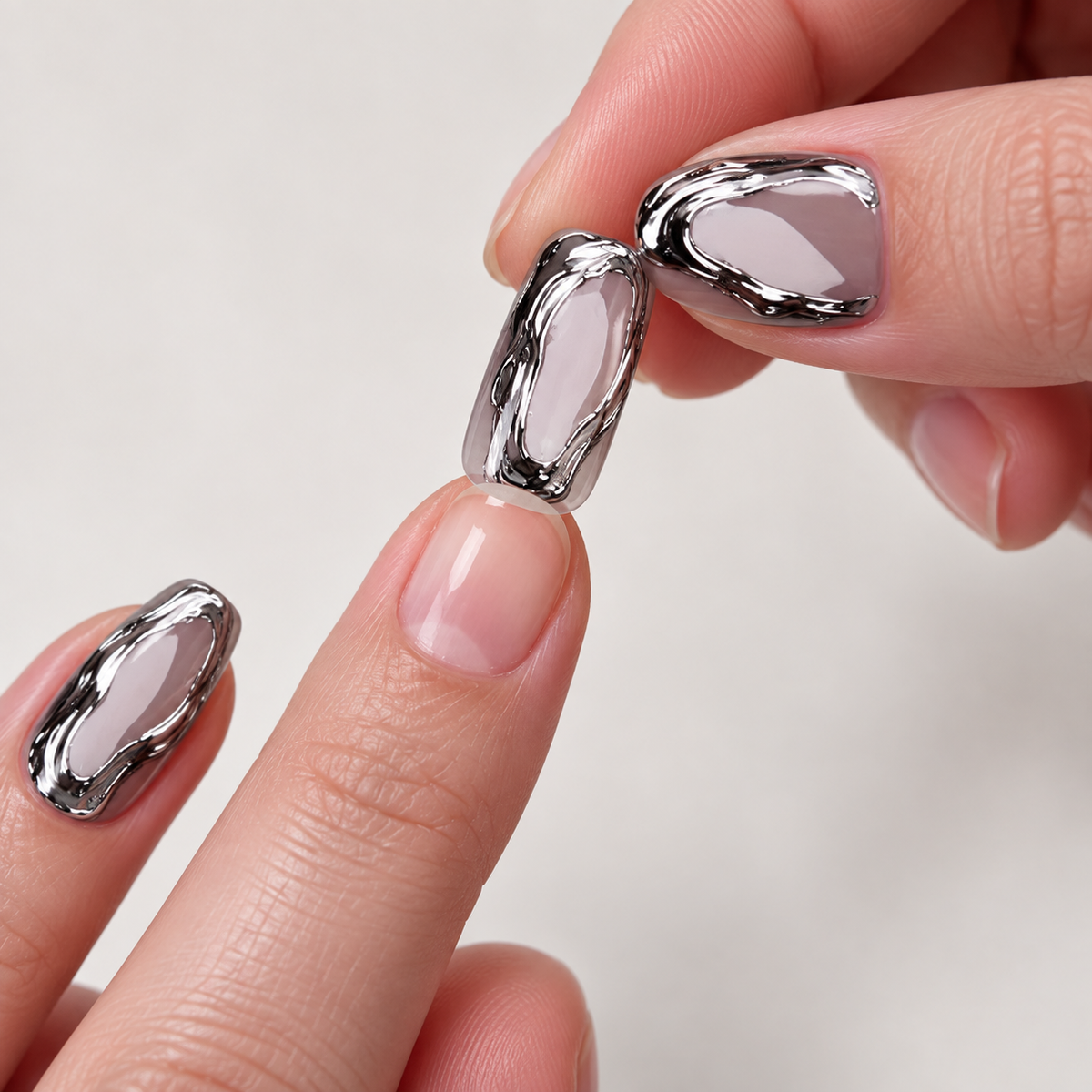 Metallic Silver Cat Eye Mercury Glass Press On Nail Set
