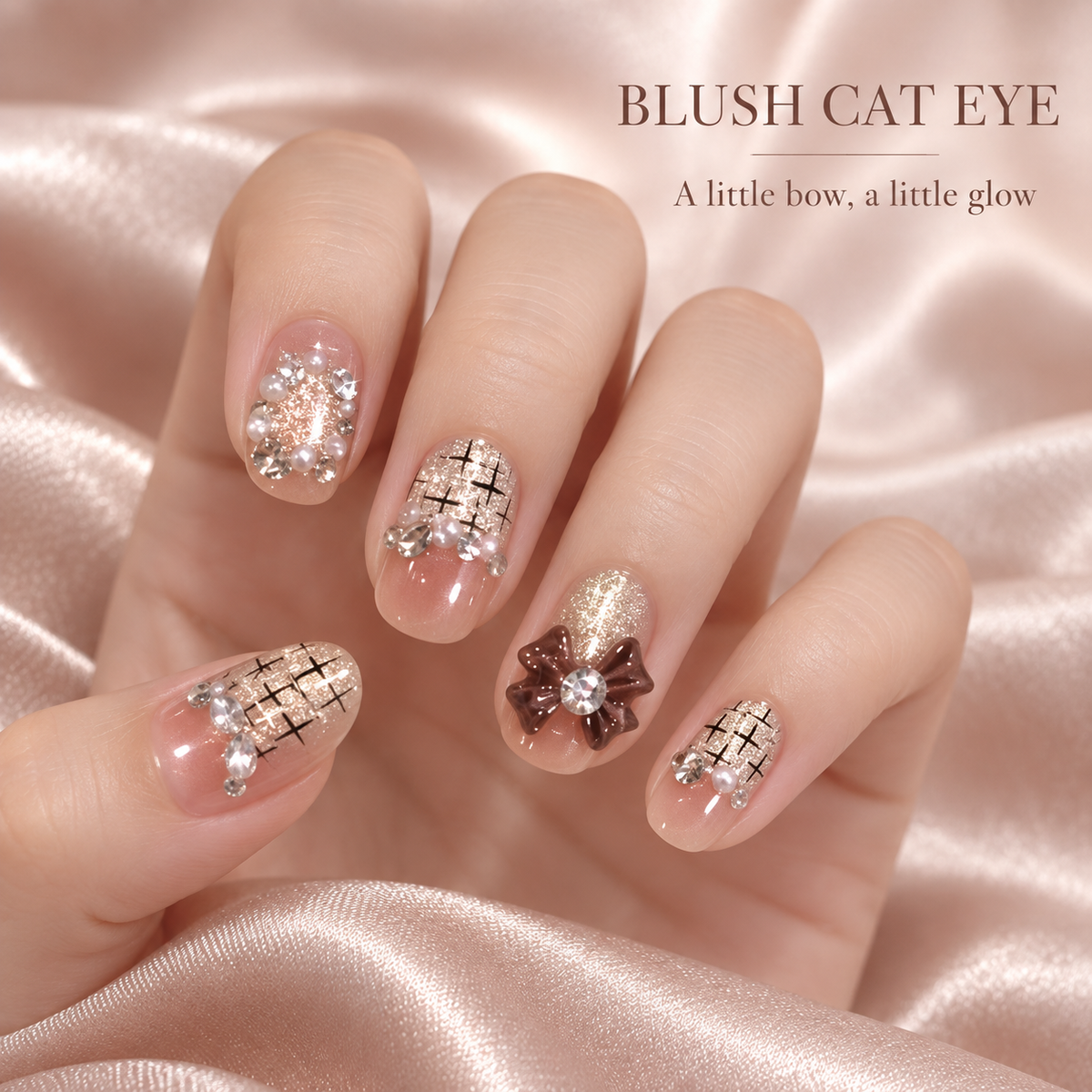 Blush Cat Eye Bow Crystal Press On Nail Set