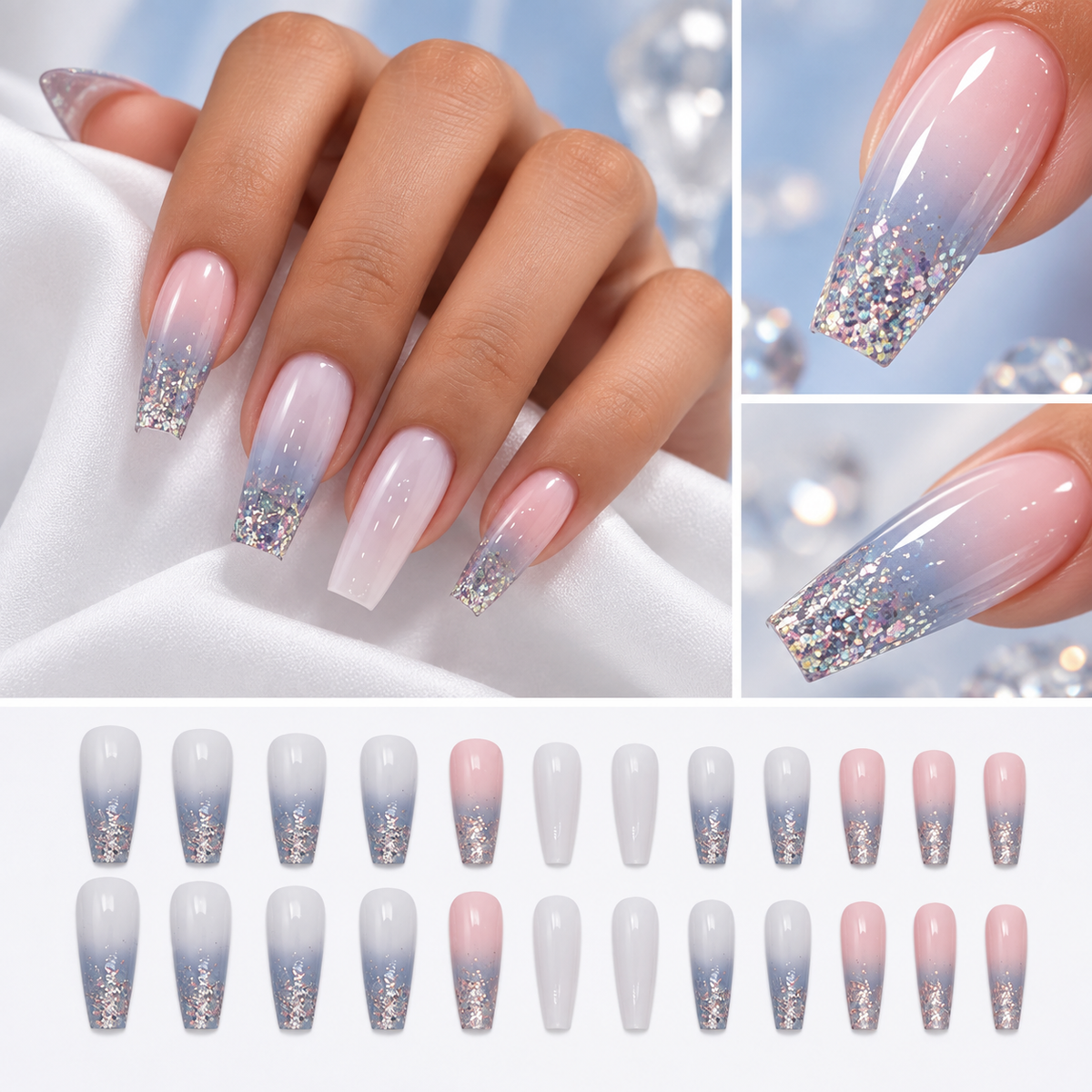 Blue Pink Gradient Glitter Ballerina Press On Nail Set