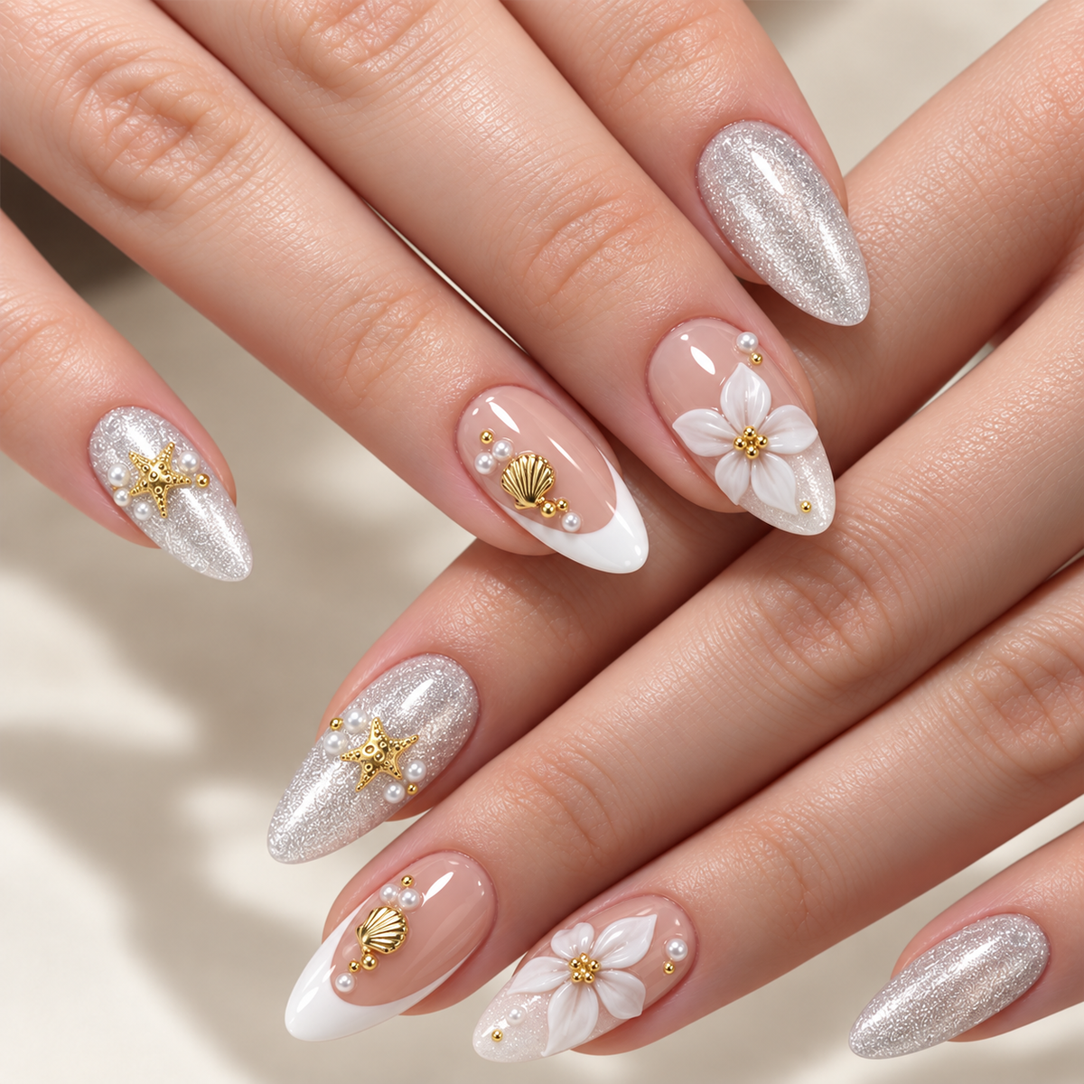 Ocean Wave Floral Shell Press On Nails - image 1