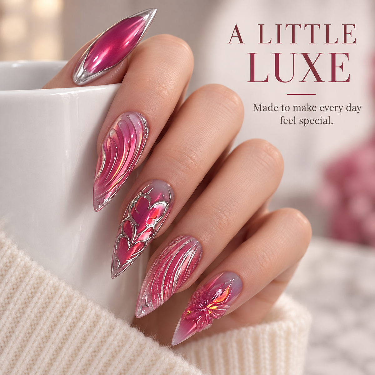 Silver Feather Liquid Chrome Wave Press On Nail Set