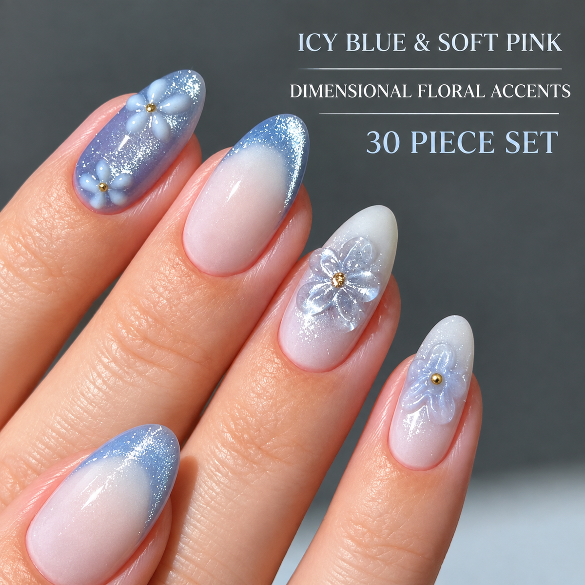 Romantic Flower Sea Icy Blue Cat Eye Press On Nail Set