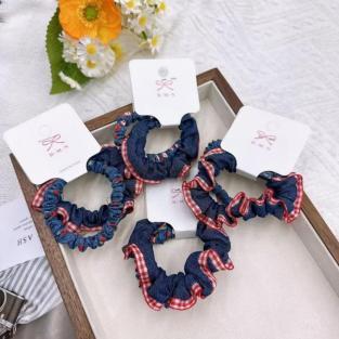 Denim Red Plaid Ruffle Hair Ties 2pcs
