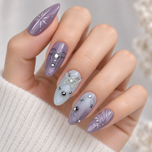 Cosmic Purple Rhinestone Bow Press On Nail Set