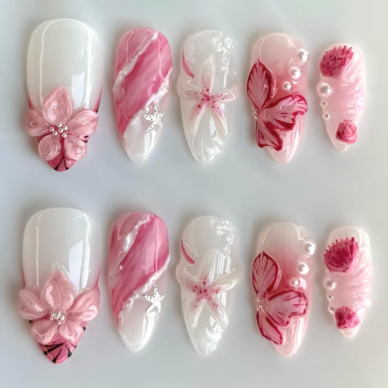 Pink Water Lily Sculpted French Press On Nails - image 4
